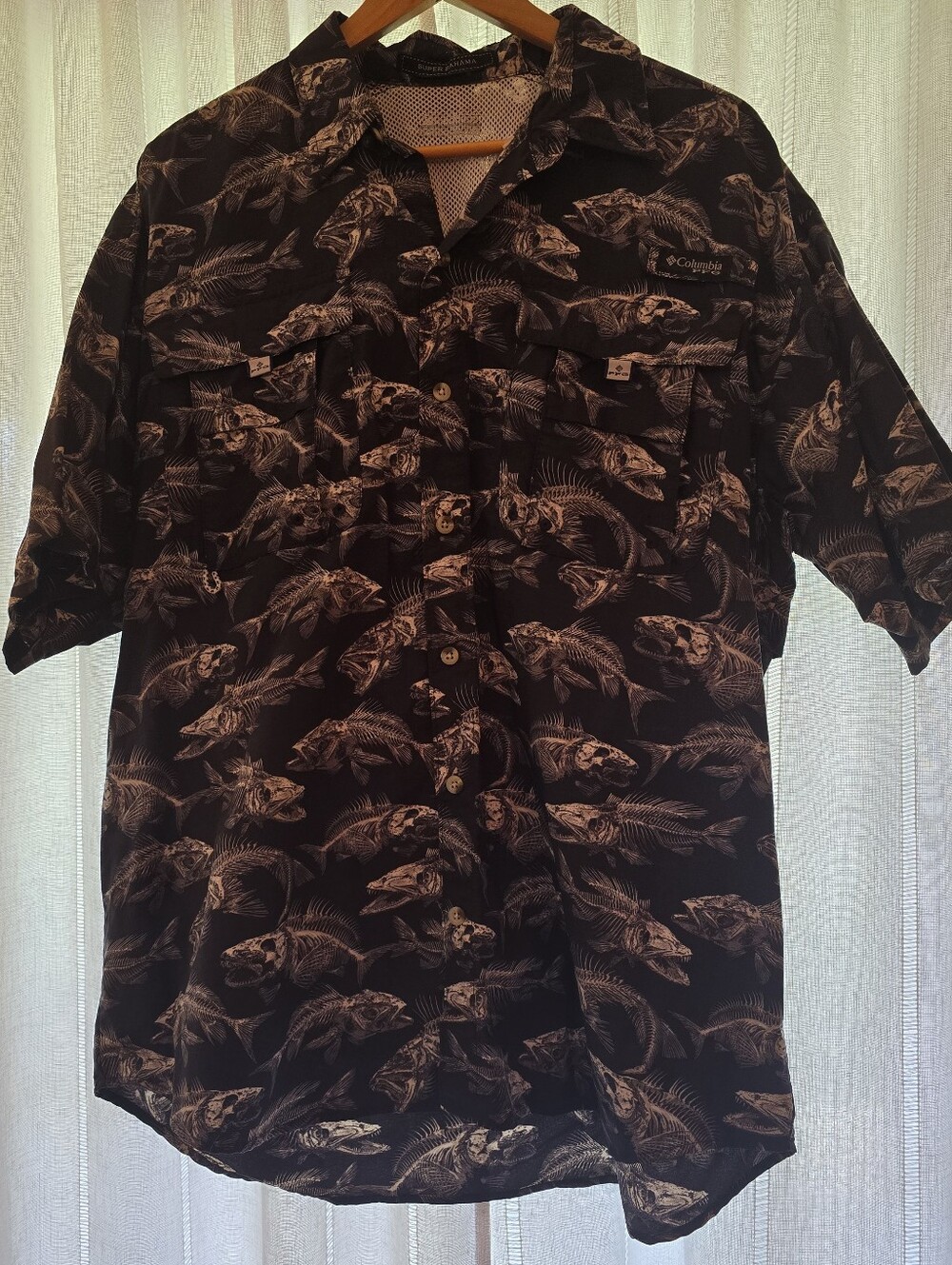 Columbia Black and Gray Short Sleeve Fish Skeleton Button Down Shirt